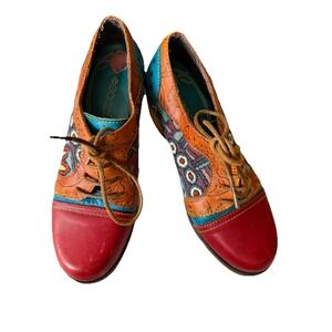 Socofy Genuine Leather Bohemian Patchwork Loafers in Red Orange Green Artsy 36
